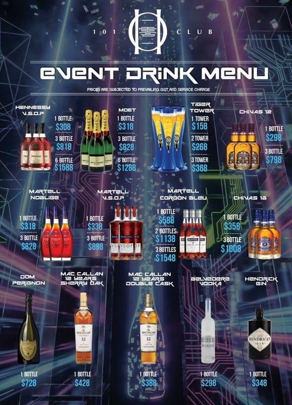 101 Club Drinks Menu